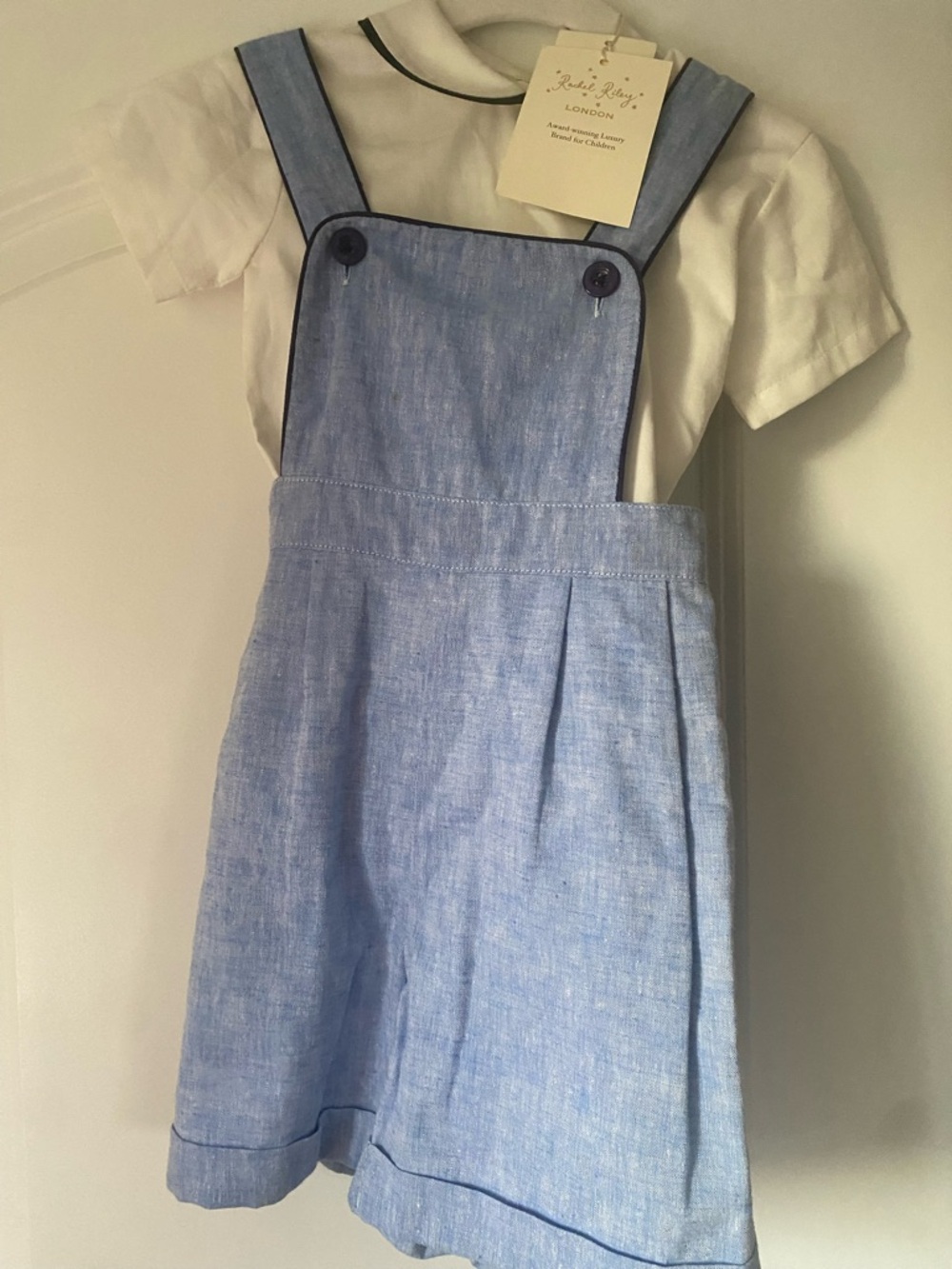 Rachel Riley chambray Light Blue dungarees with White Top baby boys 12m NWT*